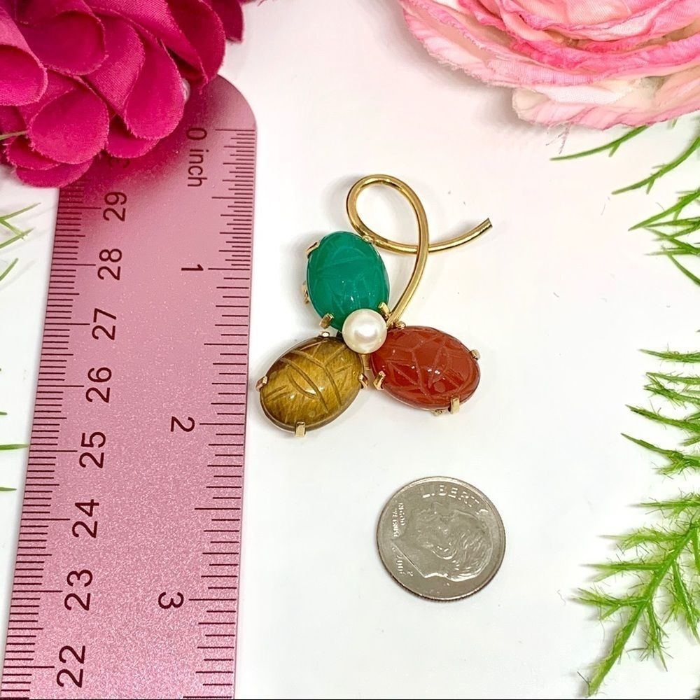 VINTAGE⚜️12K GF Gemstone & Cultured Pearl Clover Ronci Brooch - Picture 8 of 8